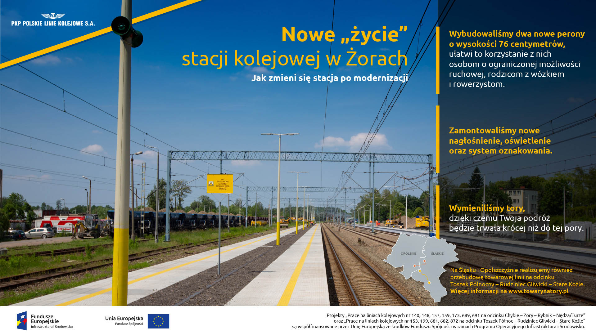 Infografika mówi o zakończeniu remontu w Żorach. Zostały wybudowane dwa nowe perony, zamontowane zostało nowe nagłośnienie oraz wymienione tory.