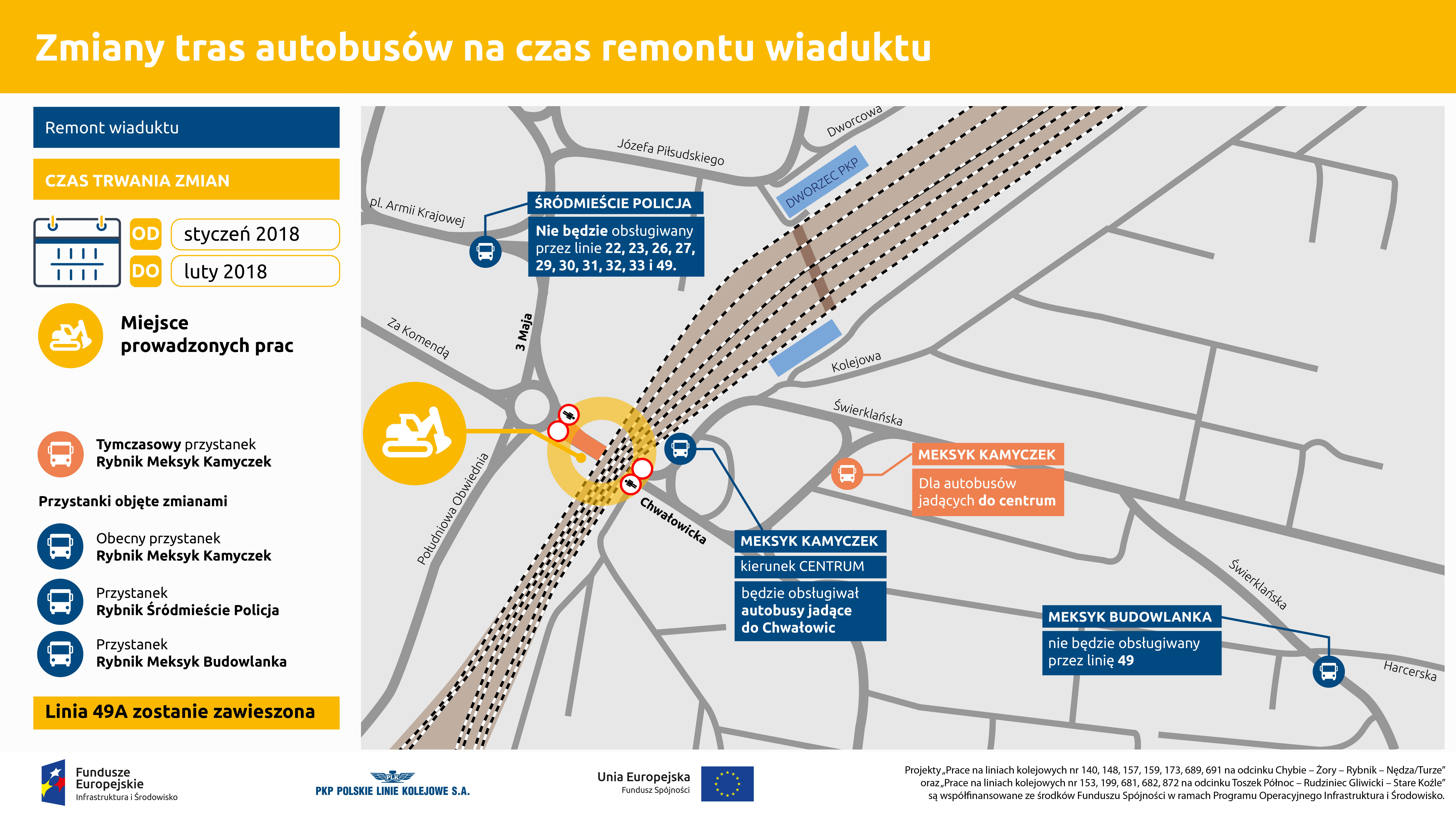 Infografika mówi o objazdach które będą obowiązywać w czasie trwania remontu wiaduktu nad ulicą Chwałowicką. Mapa dokładnie obrazuje wytyczone objazdy.