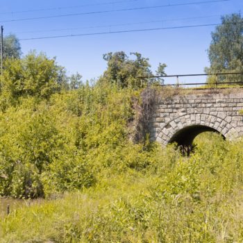 Zdjęcie: wiadukt kolejowo-drogowy nad ulicą Pionkową w Czechowicach-Dziedzicach. Obok zielona roślinność.