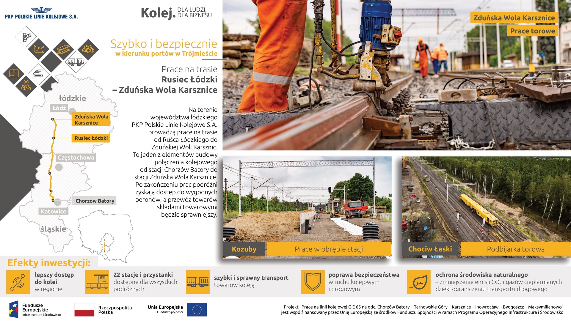 Infografika: po prawej znajdują się 3 zdjęcia z prac budowlanych w Zduńskiej Woli Karsznicach, Kozuby, Chociw Łaski.