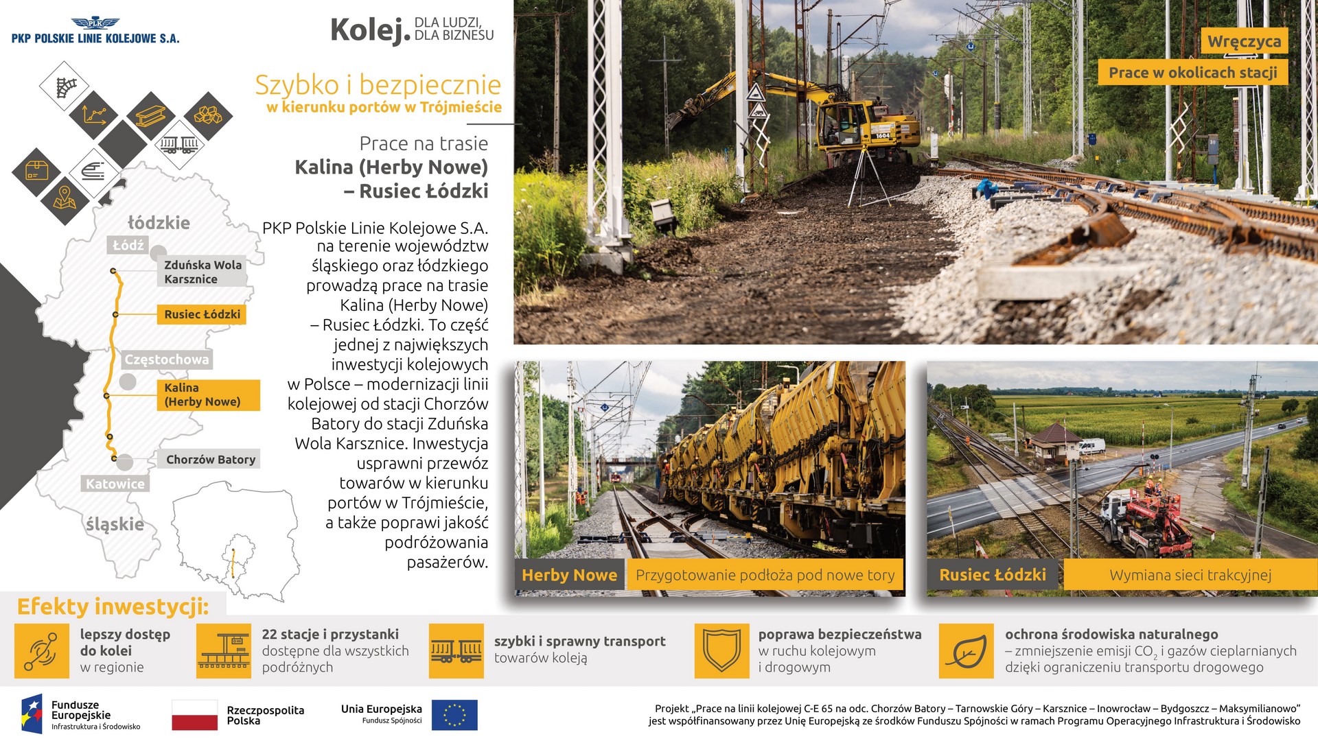 Infografika przedstawia 3 zdjęcia z prac budowlanych w Wręczycy, Herbach Nowych oraz. Ruścu Łódzkim. Po lewej znajduje się mapka z zaznaczonymi lokalizacjami inwestycji.