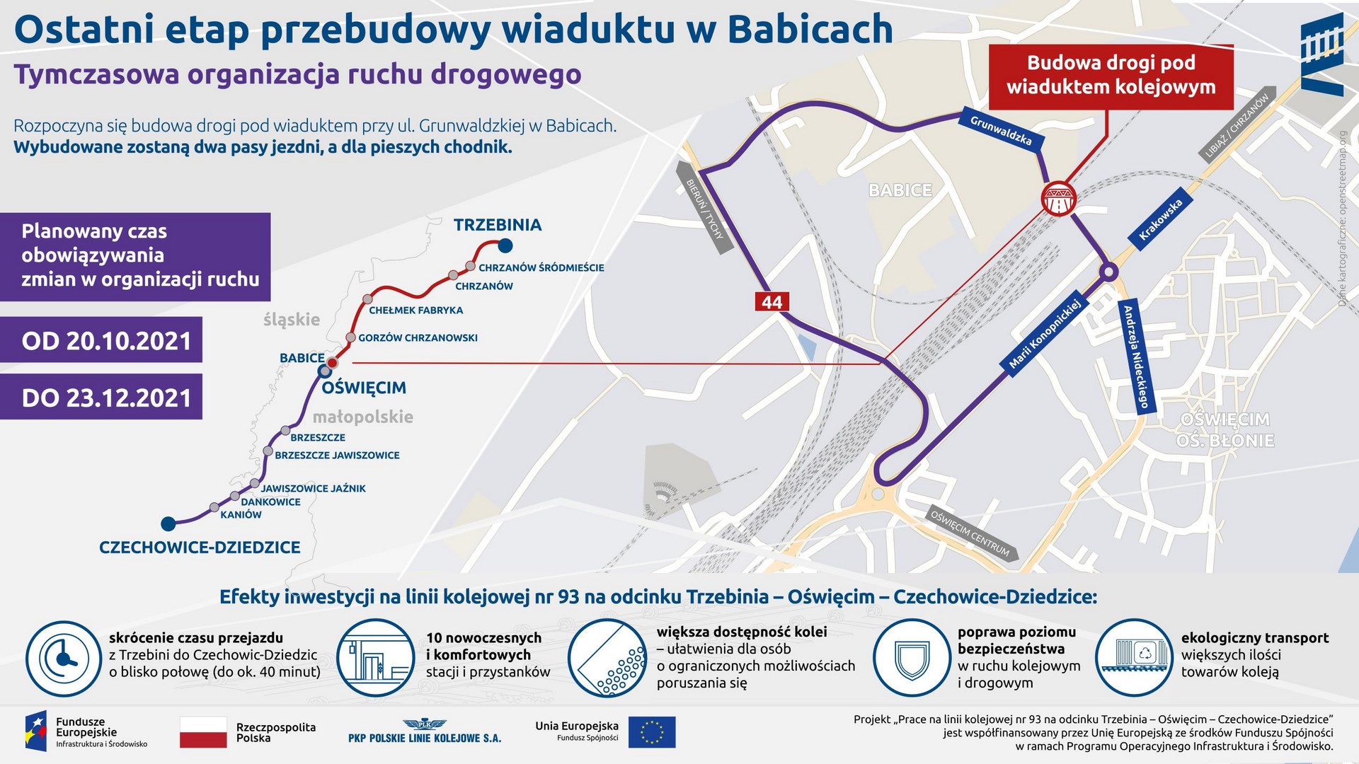 Infografika. Informuje o ostatnim etapie przebudowy wiaduktów w Babicach. Po prawej mapka z objazdami a po lewej termin obowiązywania objazdów (od 20.10.2021r. do 23.12.2021 r.)