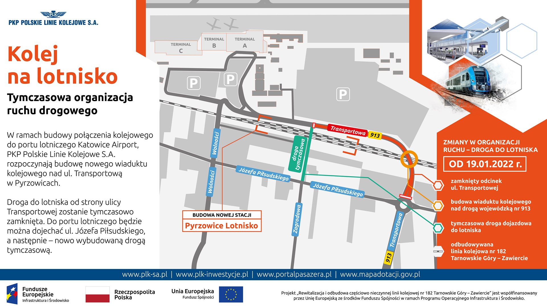 Infografika przedstawia mapę z zaznaczaną na mapie tymczasową organizacje ruchu na czas zamknięcia ul. Transportowej w Pyrzowicach. 
