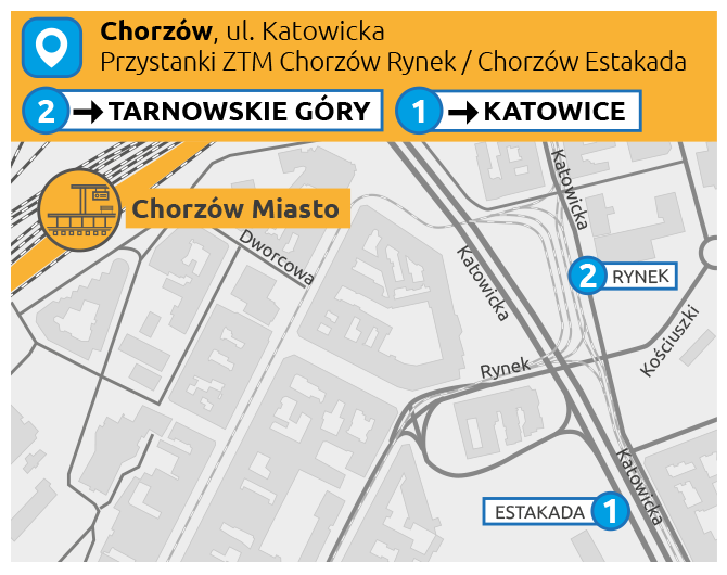 Mapka informuje o komunikacji zastępczej w Chorzowie.