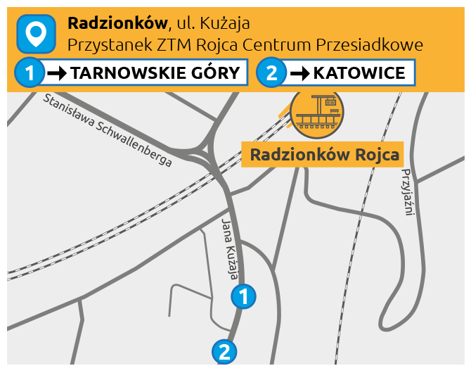 Mapka informuje o komunikacji zastępczej w Radzionkowie.