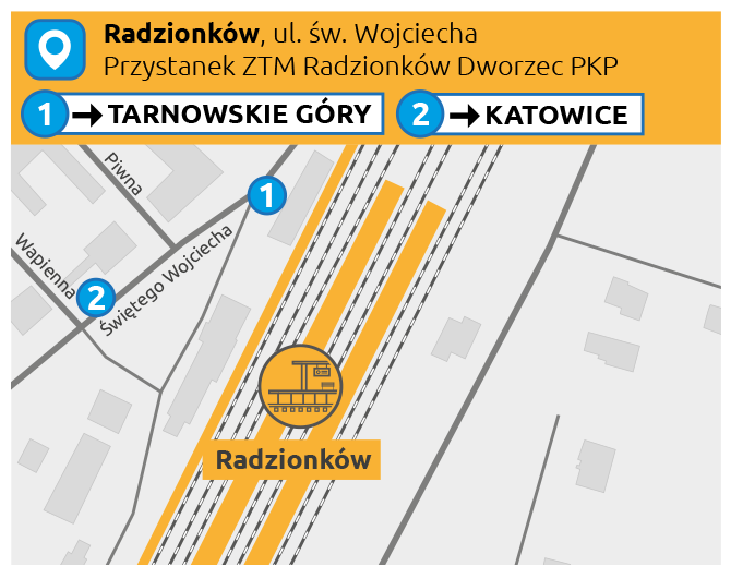 Mapka informuje o komunikacji zastępczej w Radzionkowie.