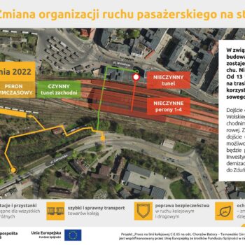 Infografika przedstawia zdjęcie satelitarne dworca kolejowego w Bytomiu z zaznaczonym peronem tymczasowym.