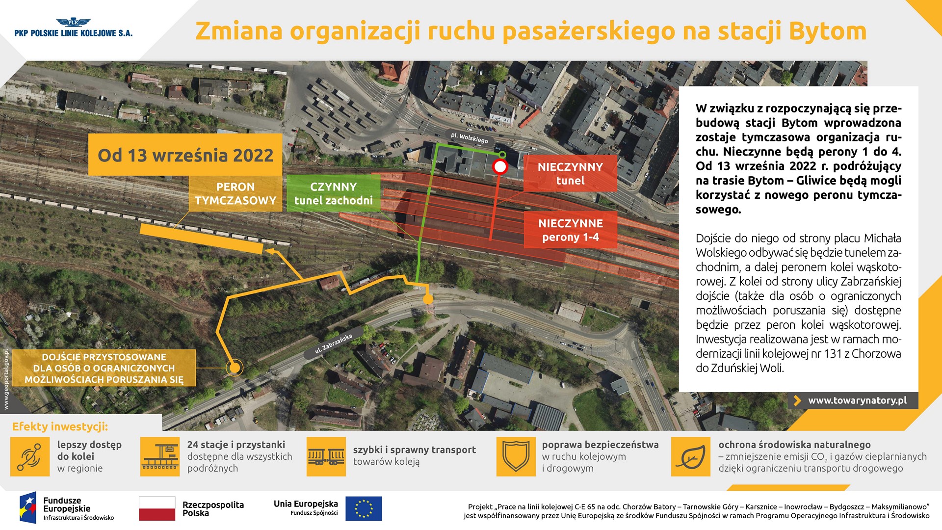 Infografika przedstawia zdjęcie satelitarne dworca kolejowego w Bytomiu z zaznaczonym peronem tymczasowym.
