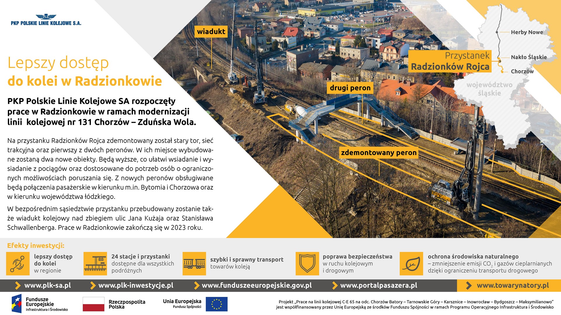 Infografika przedstawia prace na stacji Radzionków Rojca